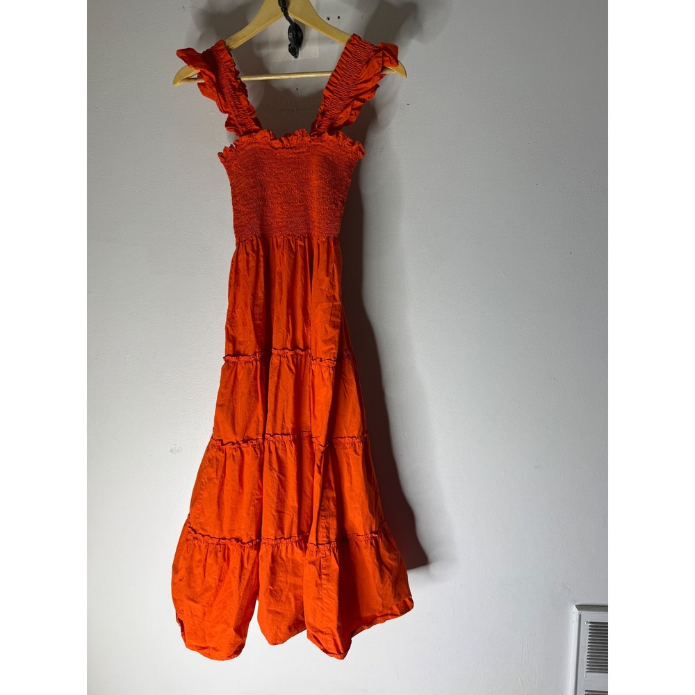 Quince Orange Organic Cotton Smocked Tiered Midi Dress Ruffle Straps Small